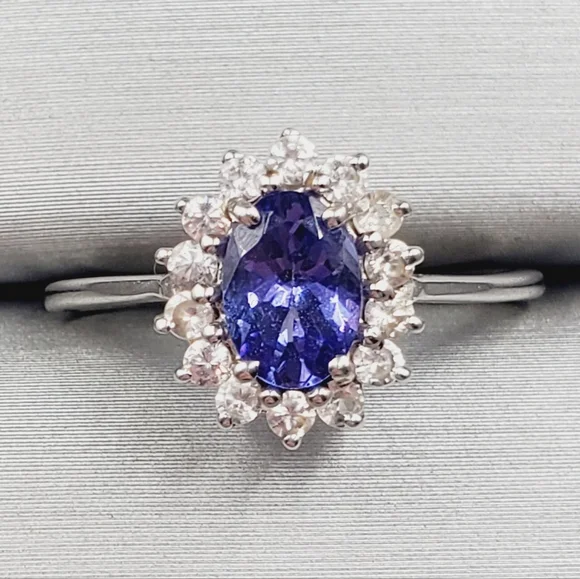 10k Solid White Gold Oval Tanzanite & Round White Topaz Halo Ring