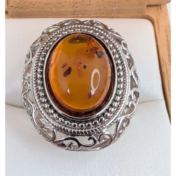 STS Jewels Sterling Silver & Cognac Amber Pebbled Filigree Statement Ring