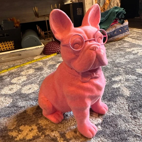 Pink Velvet French Bulldog Statue with Glasses