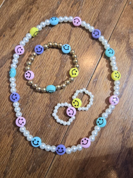 Kids Smiley Bead Necklace, Bracelet & Ring Set - Multicolor