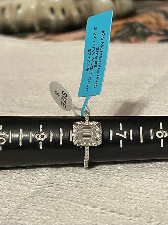 Emerald-Cut Halo Moissanite Ring in Sterling Silver 925* passes diamond tester