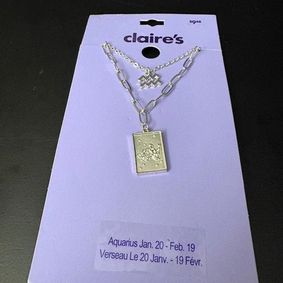 NWT Claires Silver Aquarius‎ Zodiac Layered Set of 2 Necklaces Jan Feb Gift