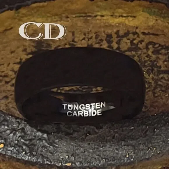 Men's Real Black Tungsten Wedding Band Dome Design Durable Black Coating