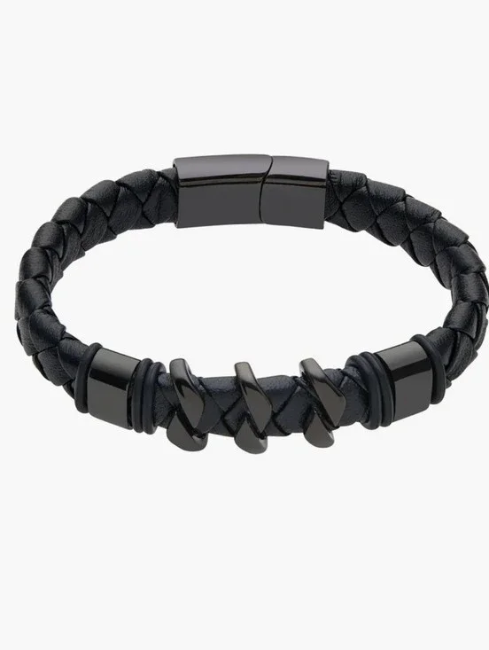 Braided Black Leather & Gunmetal Bracelet