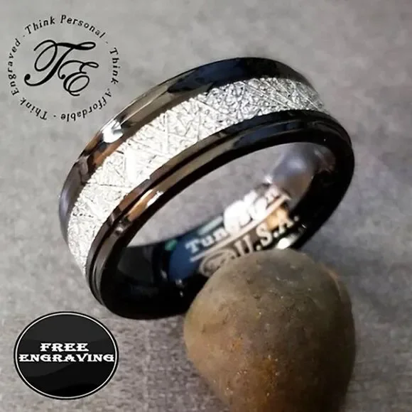 Engraved Men's Real Black Tungsten Promise Ring With Meteorite Inlay