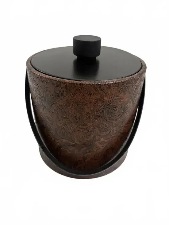 Irvinware | MCM Vintage Ice Bucket Brown Black Faux Leather Floral Embossed Lid