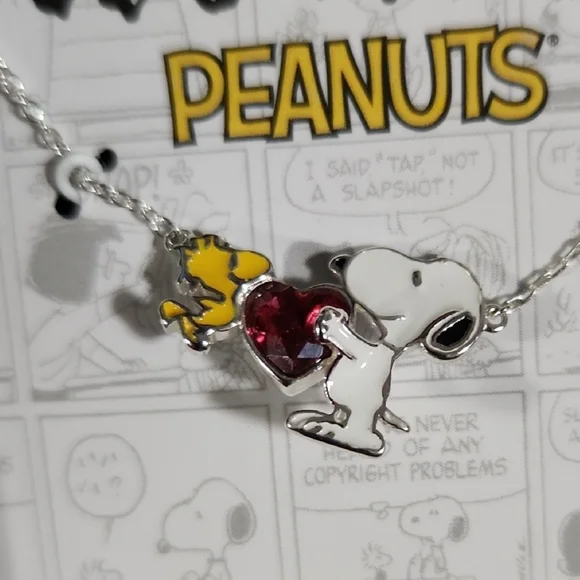 Snoopy and Woodstock Silver Plated  Necklace With Red Jewel Heart