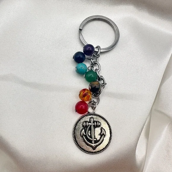 Vintage 80s 7 Chakra Healing Stone Keychain Yoga Reiki Anchor Charm Gift Jewelry