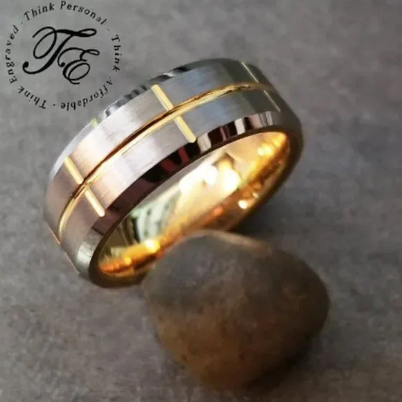 Men's Real Tungsten Promise Ring Brushed Steel 14k Gold Grooves - Guy's Ring