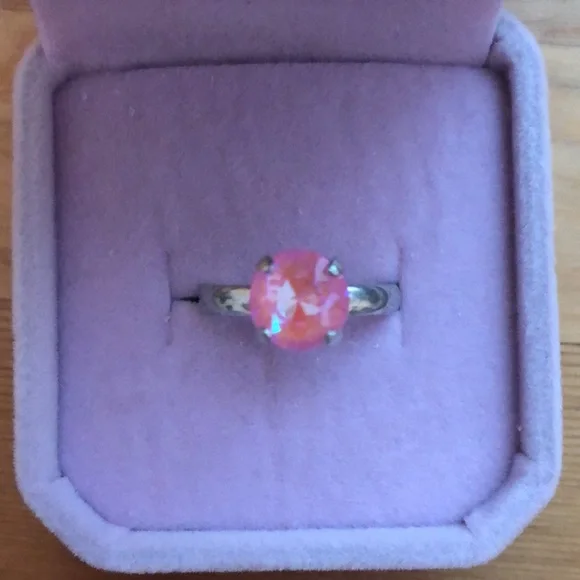 Pink Aurora Borealis + Silver Cystal Ring
