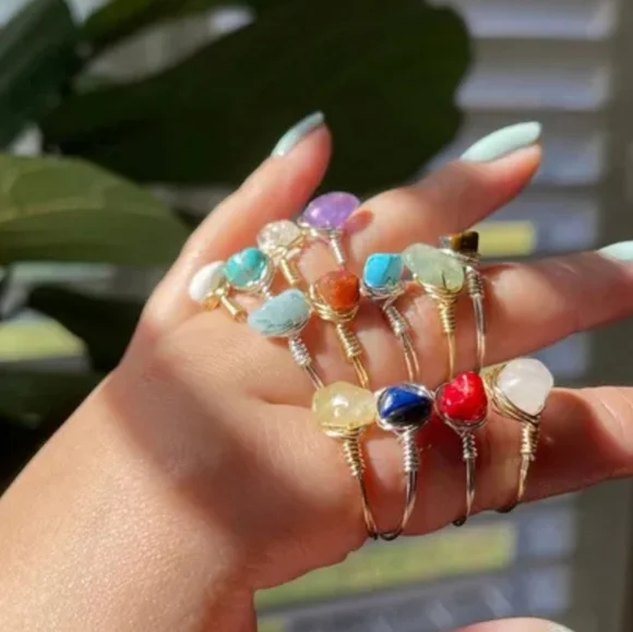 NEW handmade artisan gemstone wire wrap ring clear quartz or green adventurine