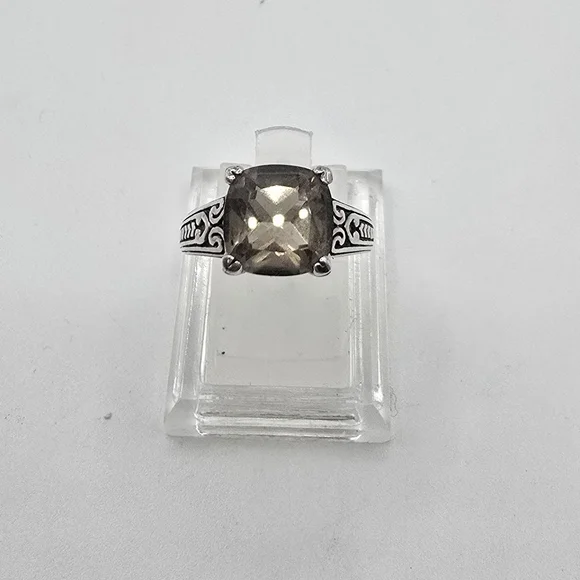 Vintage Smokey Topaz 10 mm square 925 Sterling Silver Solitaire Band Ring size 7