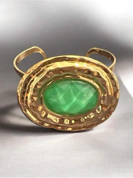 Gold-Tone Cuff Ring with Green Oval Stone 432