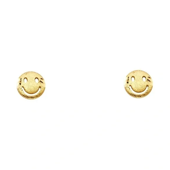 14k Gold Happy Face Emoji Round Stud Earrings