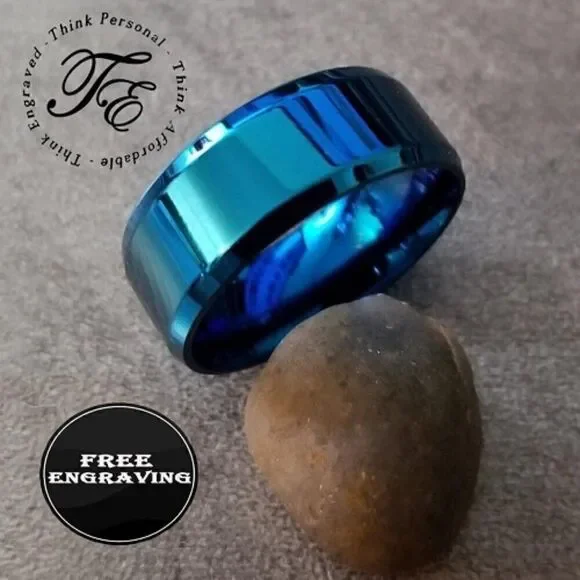 Personalized Men's Wedding Ring - Engraved Matte Blue Wedding Ring For Guys