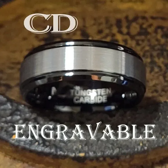 Engraved Men's Real Black and silver Tungsten Wedding Ring Black and Silver Band