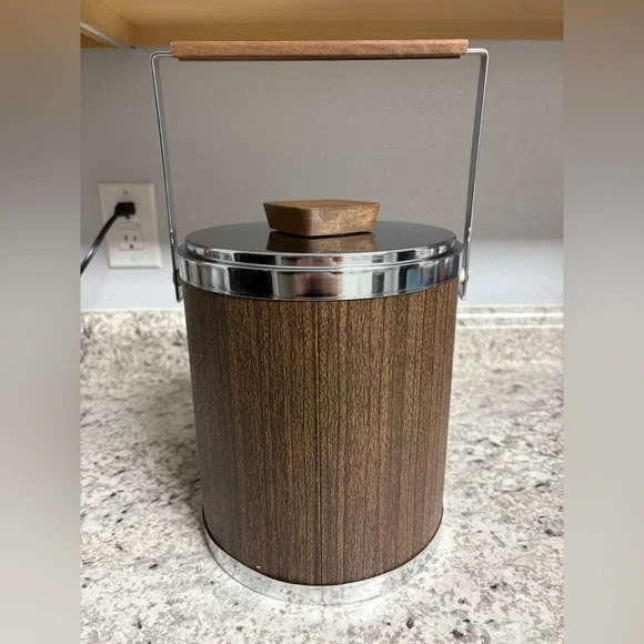 Vintage Mid Century KROMEX Walnut & Chrome Steel Ice Bucket