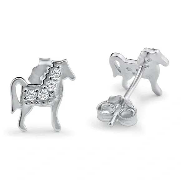 New Silver 925 Rhodium Plated Horse Earrings Clear CZ pushback Earrings