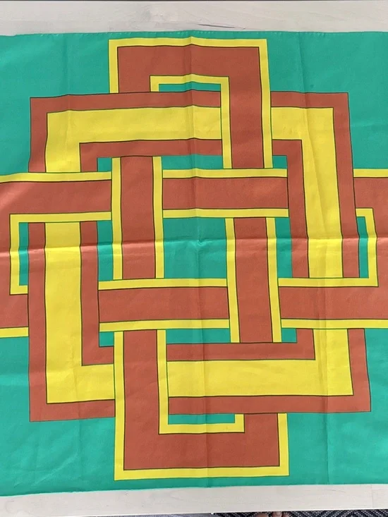Silk Geometric Interlock Scarf in Teal, Mustard & Rust