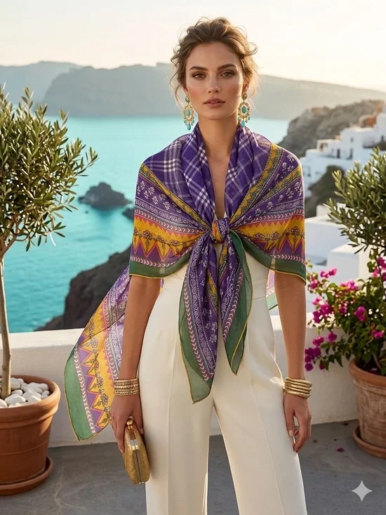 Purple Multi-Pattern Silk Scarf Wrap