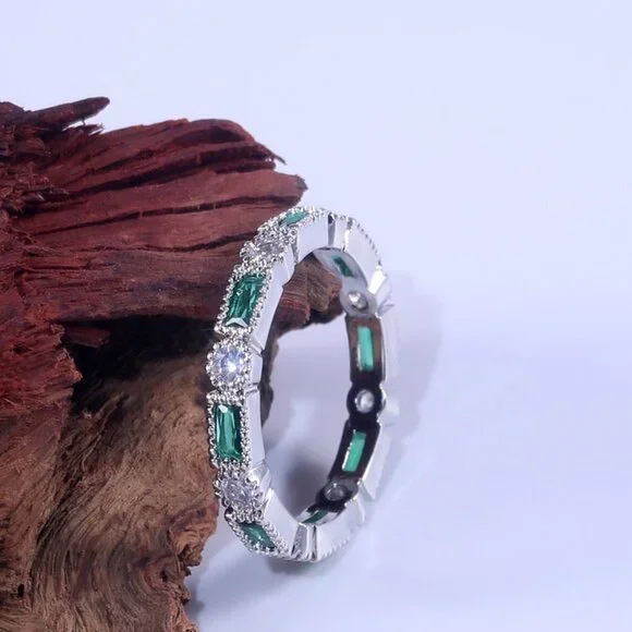 Stackable Trendy 925 Silver Plated Green CZ Ring, FB16FA1107