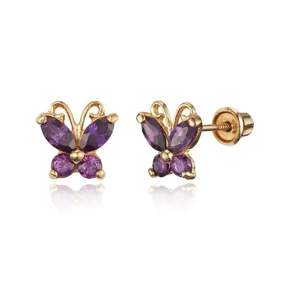 14K Gold CZ Purple CZ Butterfly Earrings