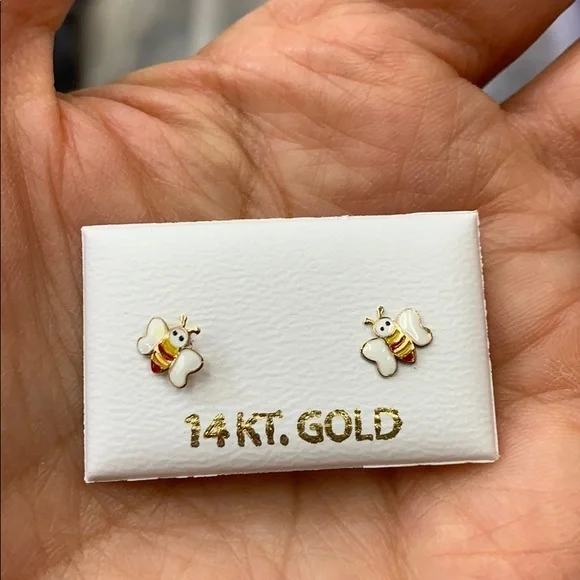 New Tiny kids baby 14k Yellow Gold Bee Stud Earrings