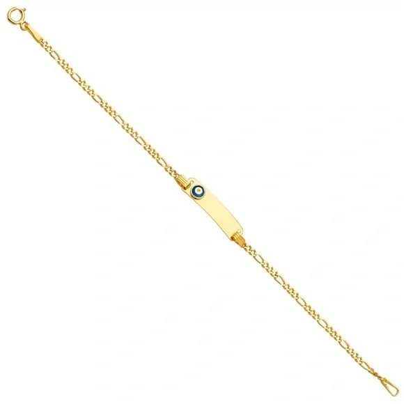 Kids 14k Yellow Gold Blue Evil Eye ID Bracelet