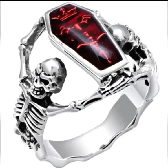 Hand crafted punk rock Zircon skull and casket men's ring sz 11