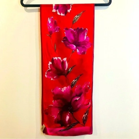 Red Floral Silk Scarf with Pink Bloom Print