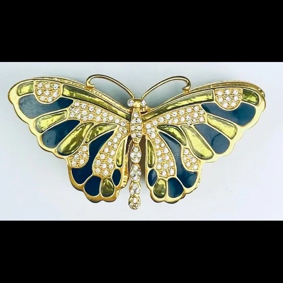 Kenneth Jay Lane Butterfly Pin and Box  Green Enamel Rhinestones made Thailand