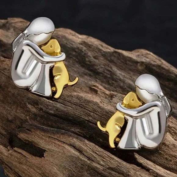 “Puppy Love” Man’s Best Friend Dog & Human Hugging Two Tone Gold 925 Silver Stud