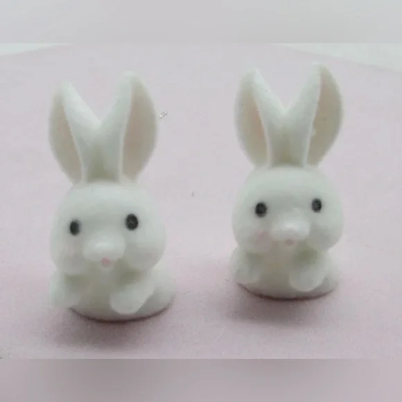 “Fuzzy Bunny” White Cutesy Kawaii Furry Fluffy Flocked Rabbit Easter Spring Stud