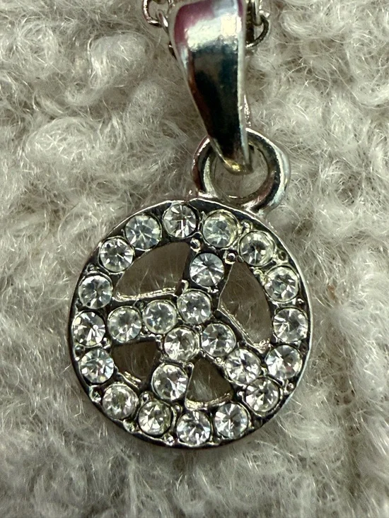 Crystal Peace Sign Pendant Necklace - Silver Tone