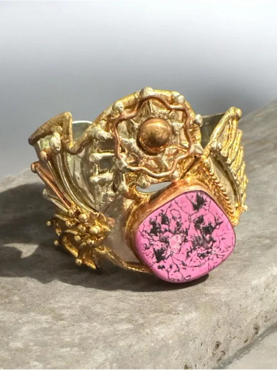 Gold Plated Pink Stone Statement cuff bracelet 431