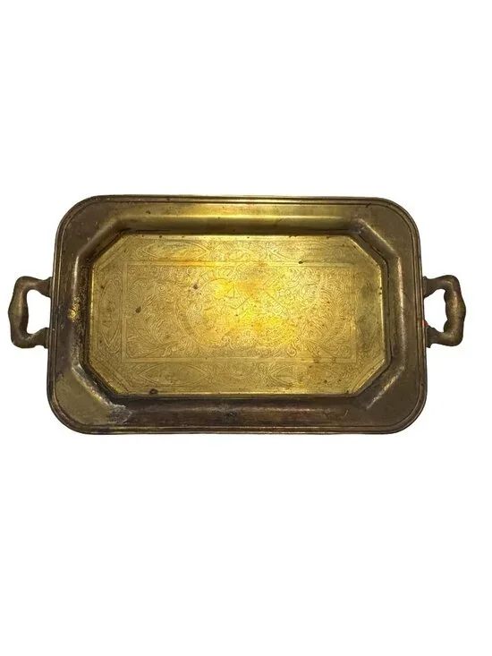 Antique Brass Tone Dutch Windmill Serving Tray Rectangular Handled Etched Metal