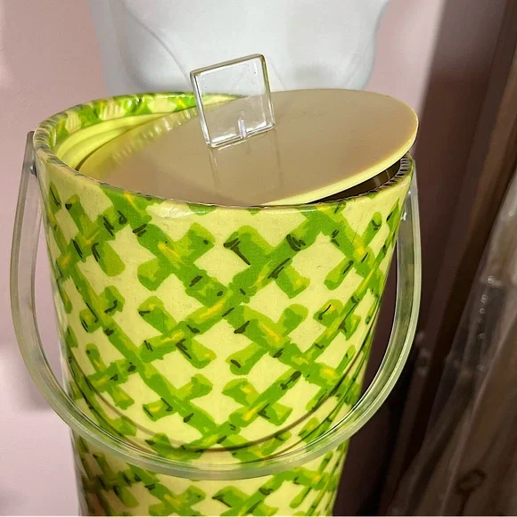 Vintage 1960’s - 70’s MCM Clear Lucite Green Yellow bamboo Ice Bucket Barware