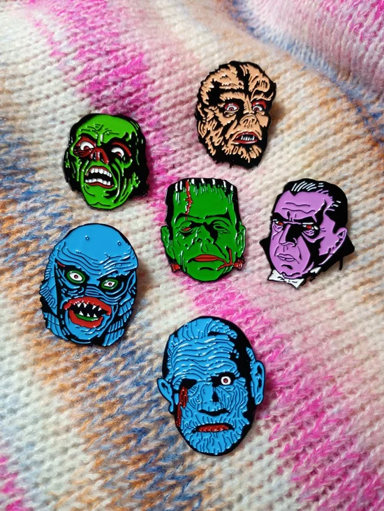 Vintage Horror Famous Monster Metal Lapel Pin Universal Retro Lugosi Karloff 50s