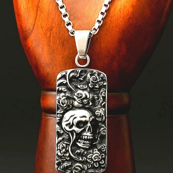 Skull Pendant Necklace in Black Oxidized and Stainless Steel ~ 24 Inches