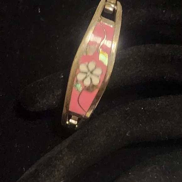 Vintage Alpaca Mexico Pink Enamel Abalone Flower Hinged Bangle Bracelet kids
