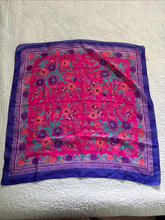 Vintage Pink Floral Silk Scarf with Purple Border