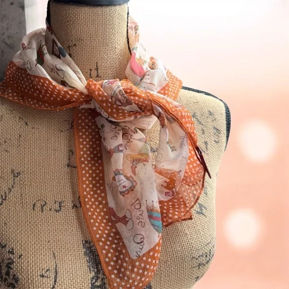 Orange Polka Dot and more print silk Scarf.