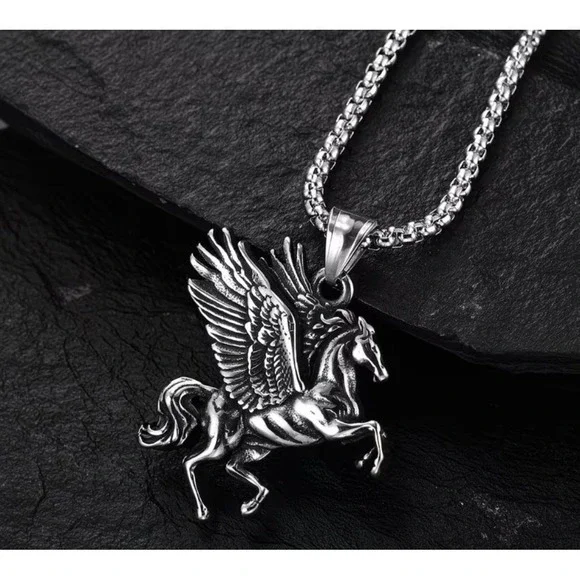 Silver Pegasus Winged Horse Pendant Necklace Greek‎ Mythology Box Chain Jewelry