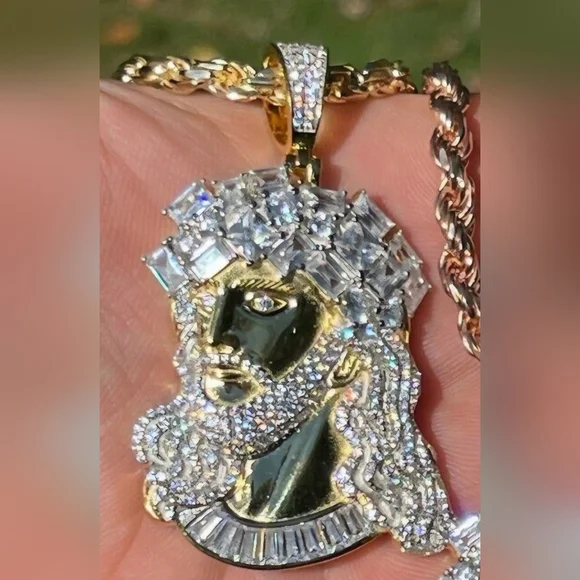 Iced Out Moissanite Jesus Peice Baguette Stones Pendant - 14k Gold Vermil/ 925 S