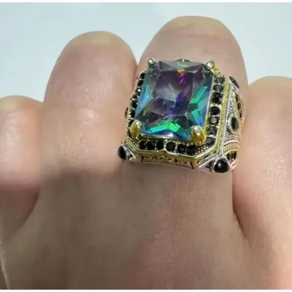 Men's Turkish Signet Ring Square Mystic Topaz Stone Size 11