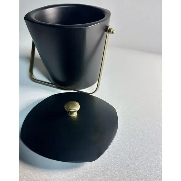 Mid Century Modern Black Ice Bucket with Brass Accents, Vintage Retro