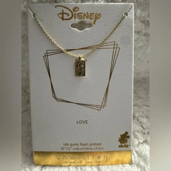Disney Mickey LOVE 14k Gold Flash Plated 16”+2” Adjustable Chain Necklace