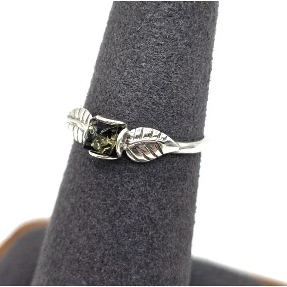 Genuine Baltic Amber Square Ring Size‎ 6.75 Leafs Sterling Silver Handmade