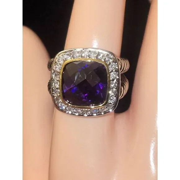 Women's Size 9 Purple Amethyst & White Crystal CZ Silver Tone Ring