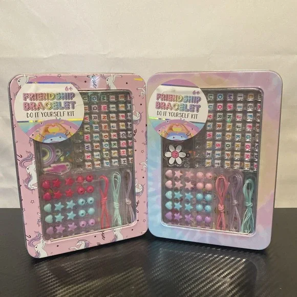 Lot of 2 Friendship Bracelet DIY Kits in Unicorn and Tie Dye Metal‎ Tins Ages 6+
